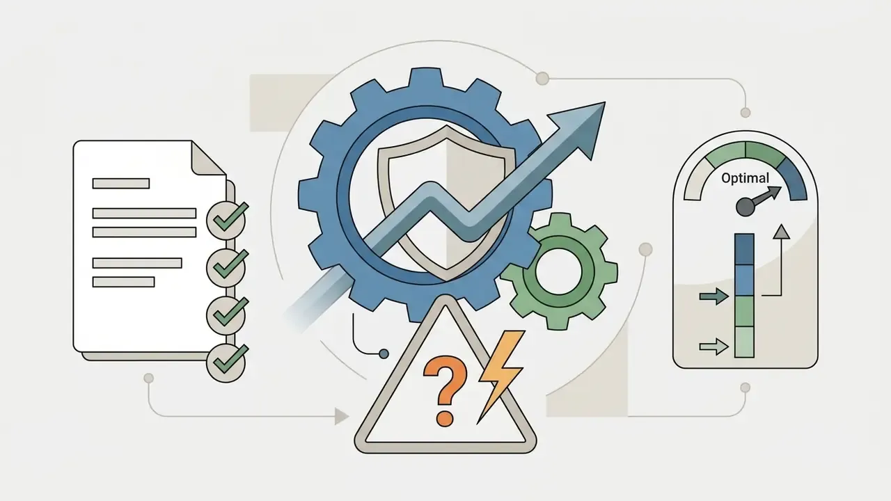 Document with checkmarks, interlocking gears with a shield, and a gauge indicating optimal performance