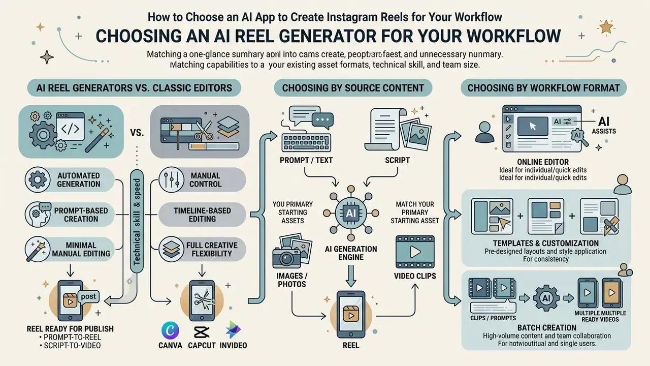 Infographic comparing video creation tools based on source content, technical skill, and workflow format
