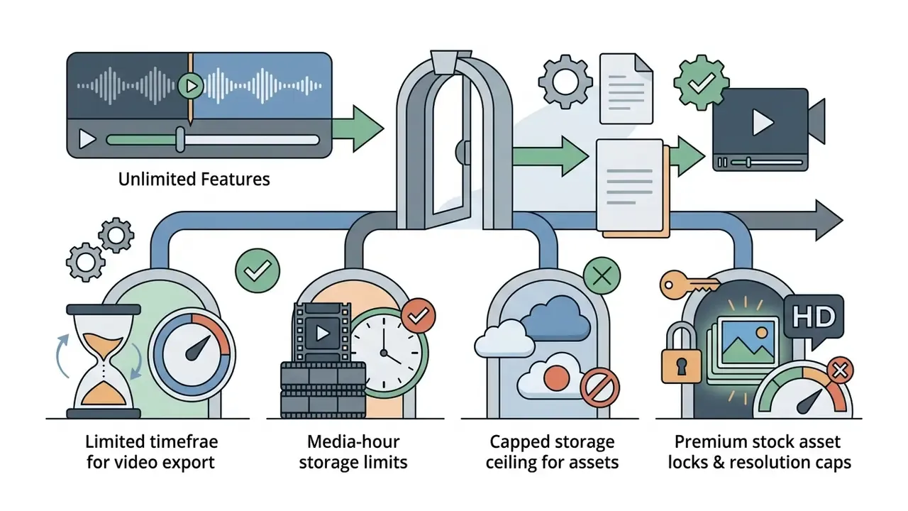 Diagram showing how software features are restricted by export time, storage, assets, and resolution
