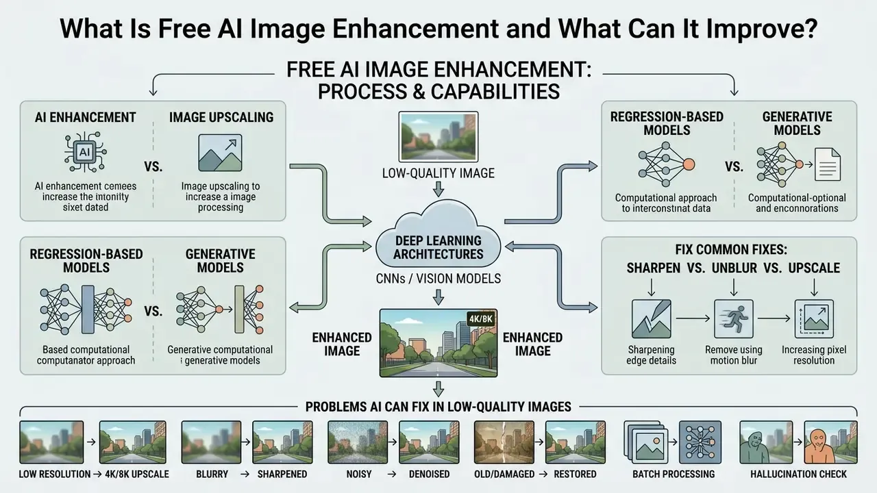 Infographic explaining free AI image enhancement processes, deep learning architectures, and common fixes