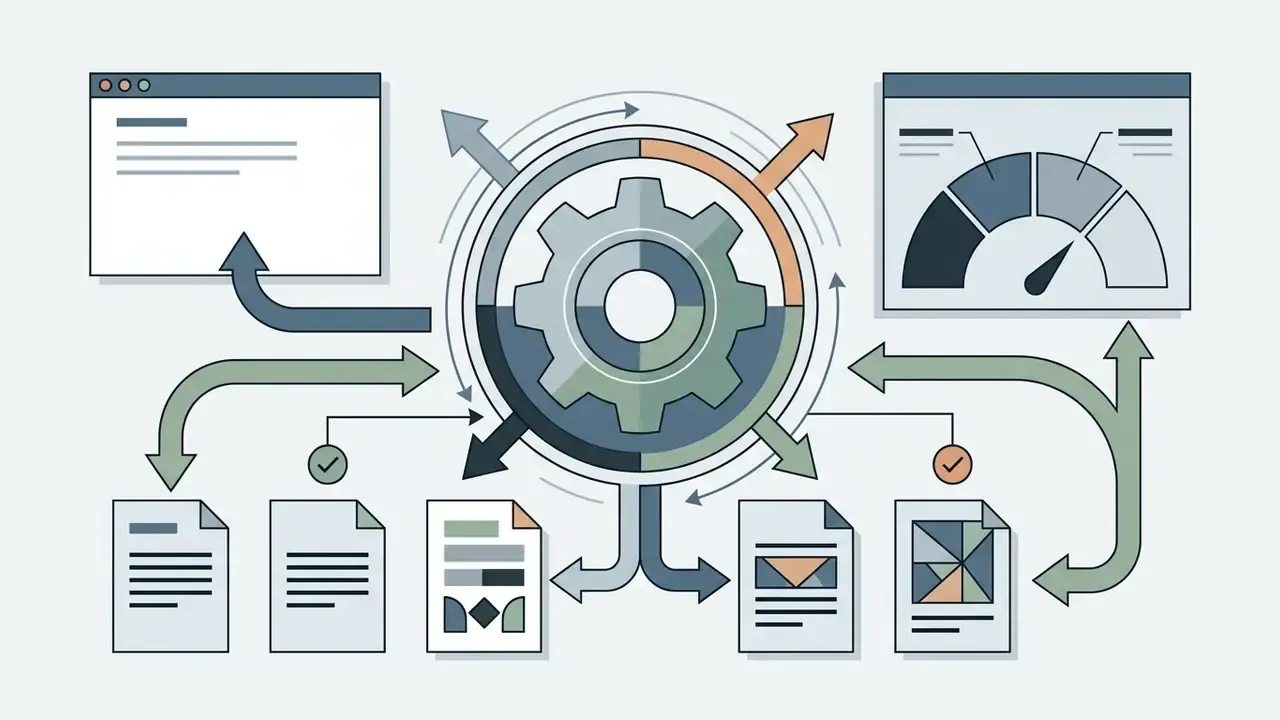 Gear icon surrounded by arrows connecting to text documents and a performance gauge for an AI image generator
