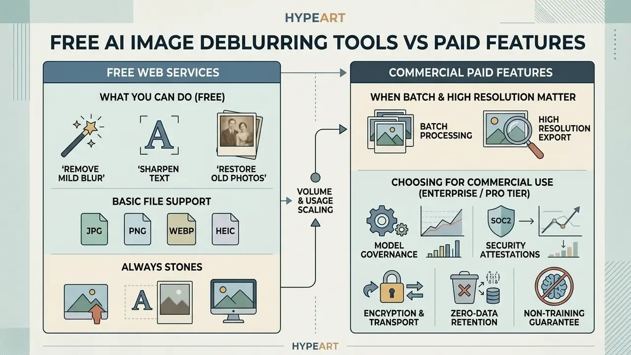 Comparison chart outlining differences between free web services and commercial paid software features