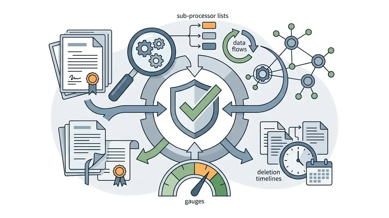 Central shield icon surrounded by compliance documents, data flow networks, and time tracking gauges
