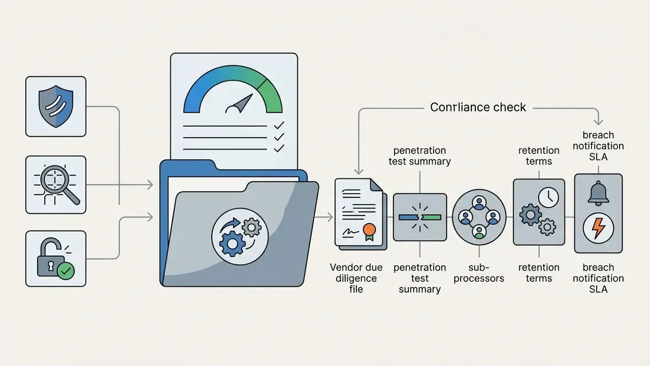 Folder icon processing security inputs into a sequence of compliance verification steps and documents