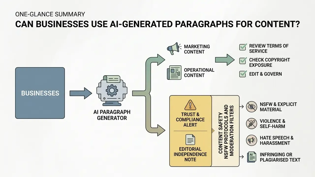 Flowchart showing business content creation workflows alongside safety, compliance, and moderation protocols
