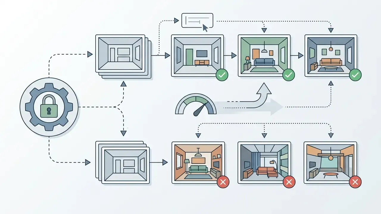 Locked seed value connecting to room rendering sequences with successful and rejected design variations