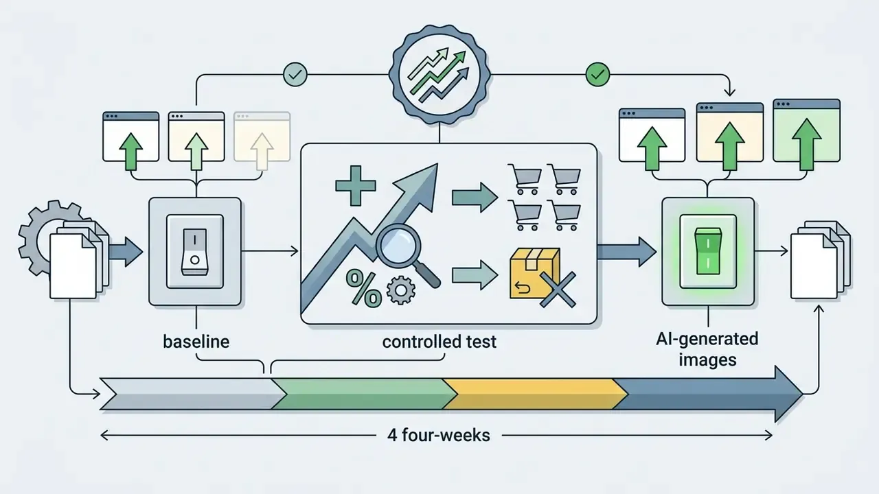 Comparison of baseline and AI-generated product images showing performance metrics over four weeks