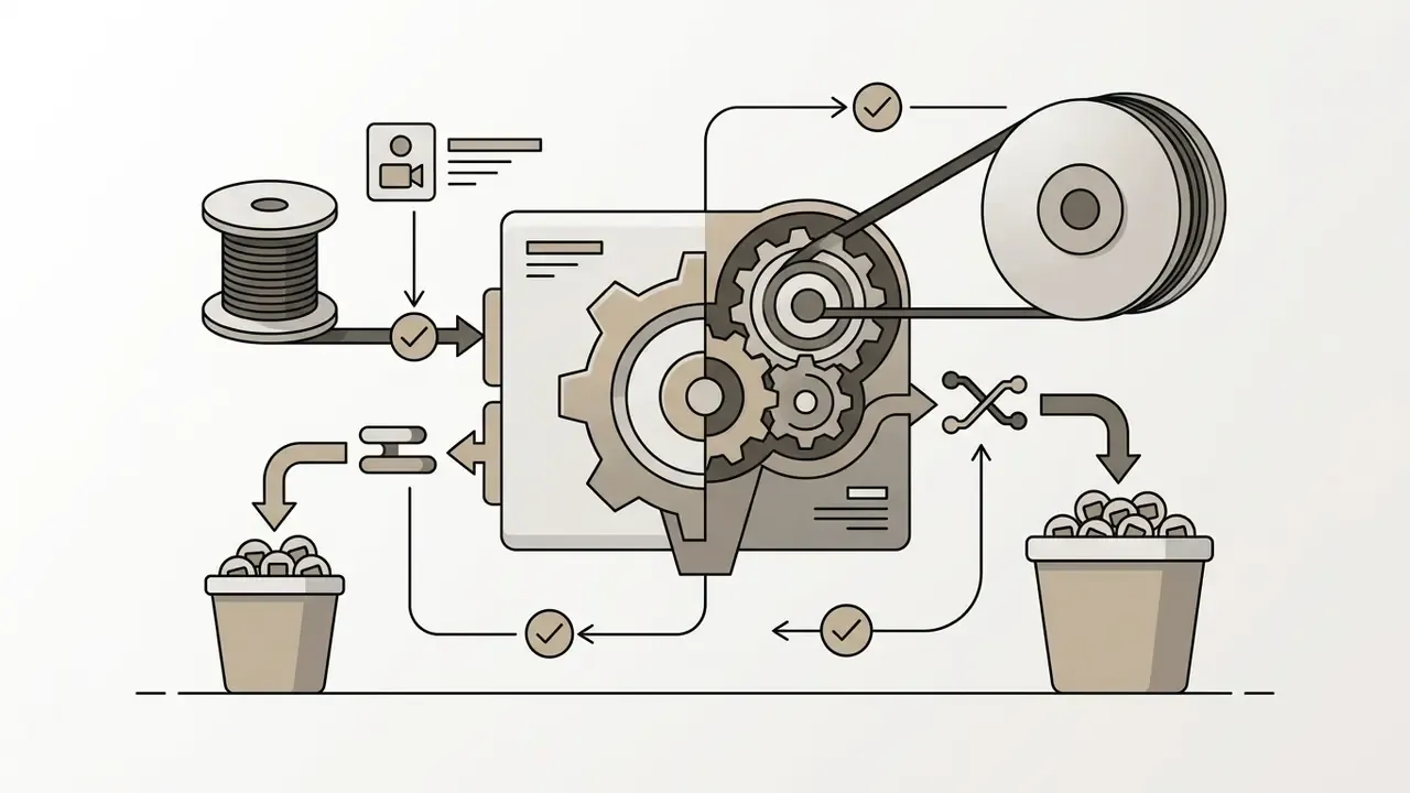 Mechanical gears and pulleys processing raw material into separate buckets to represent Google Veo costs