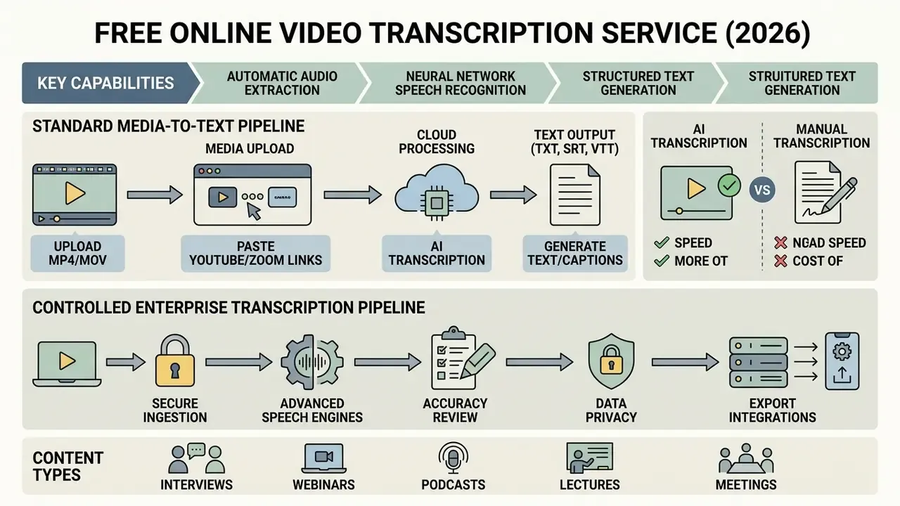 Diagram comparing standard and enterprise workflows for converting video and audio files into text