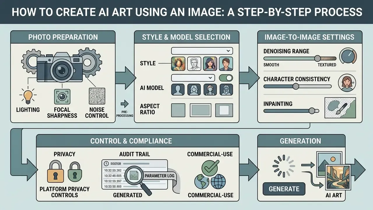 Diagram detailing photo preparation, model selection, settings, and compliance for AI art generation