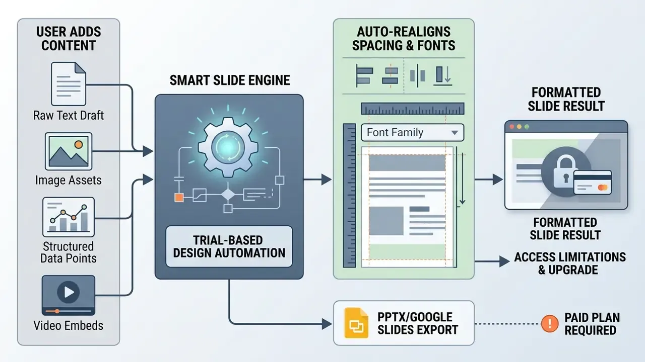 Workflow diagram showing user content inputs processed by an automated engine into formatted slides