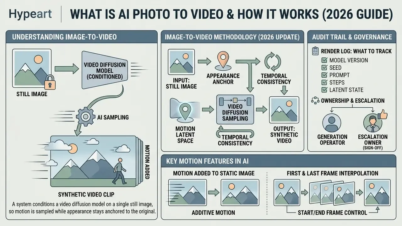 Diagram detailing AI photo to video diffusion processes, motion sampling, and governance requirements