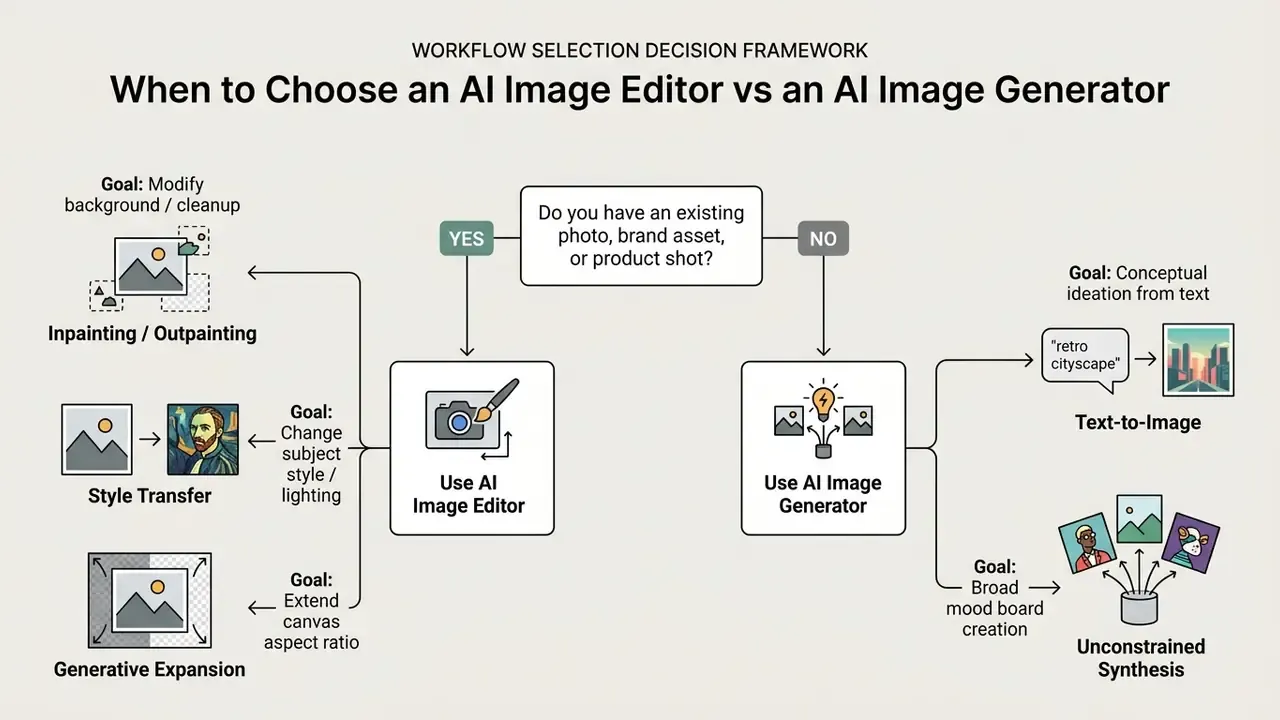 Decision tree illustrating paths to select between modifying existing assets or creating new visuals from text