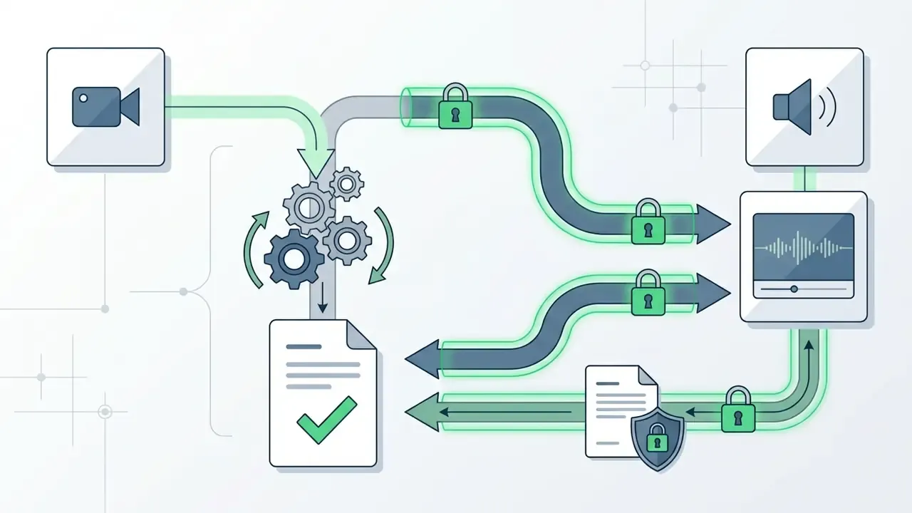Flowchart showing data packets moving through encrypted tunnels with gear icons and security padlocks