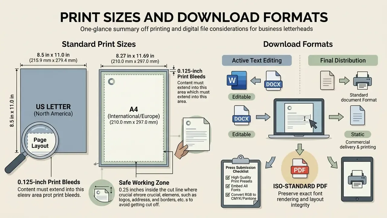 Infographic comparing US Letter and A4 page dimensions alongside a workflow for digital file exports