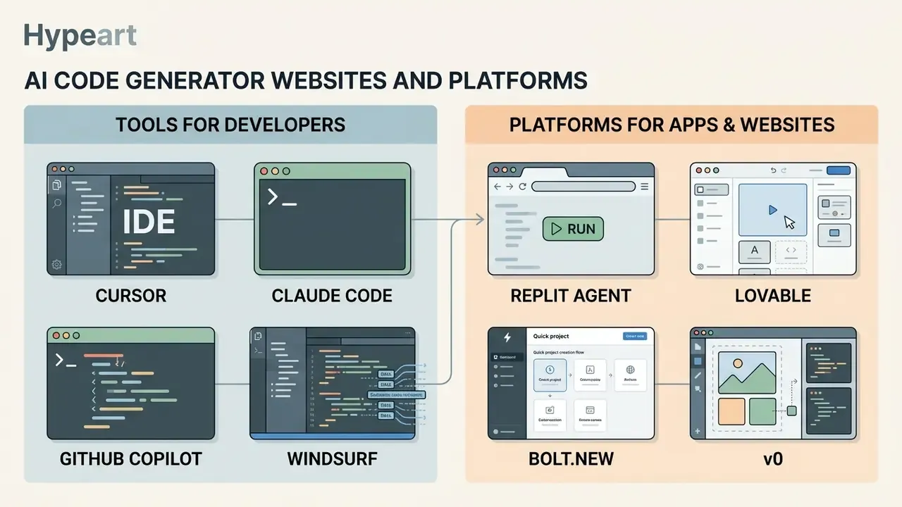 Categorized overview of coding tools and web platforms featuring UI examples for various software services