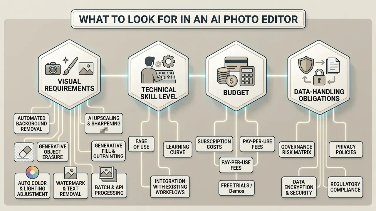 Four interconnected hexagonal icons outlining key considerations for choosing an AI photo editor