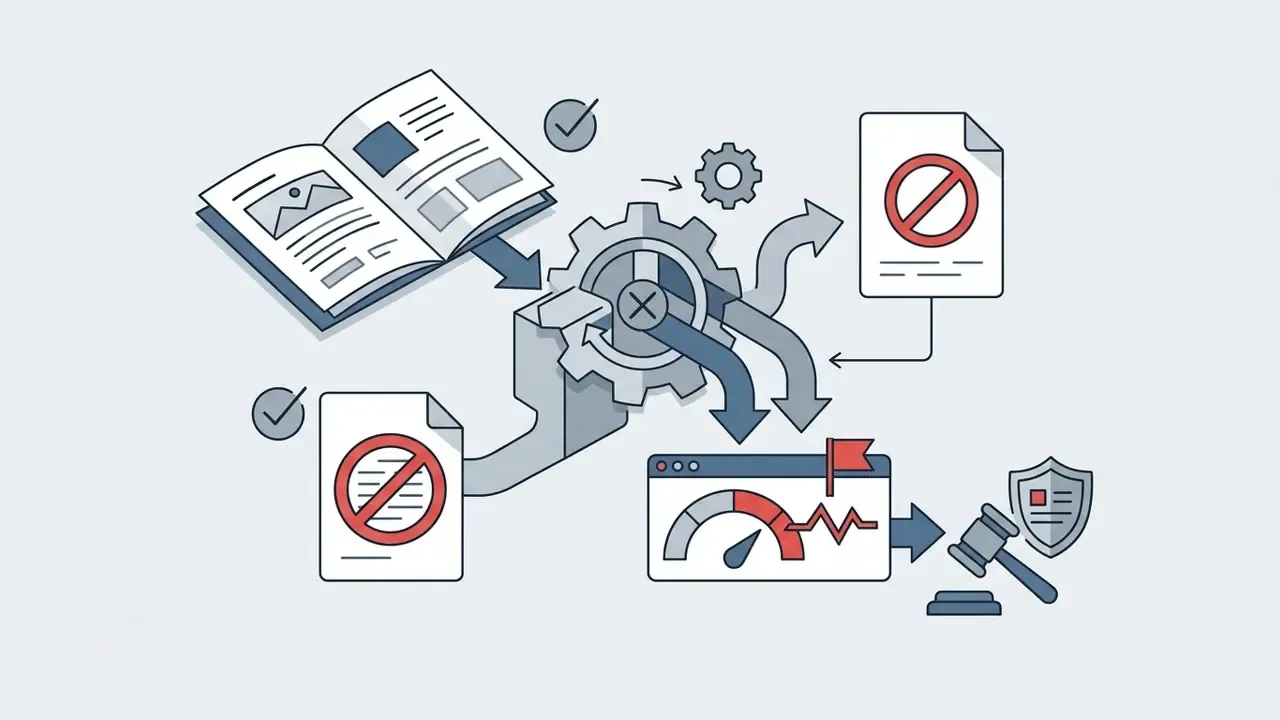 Open book and documents with prohibition symbols feeding into a gear mechanism leading to a legal gavel