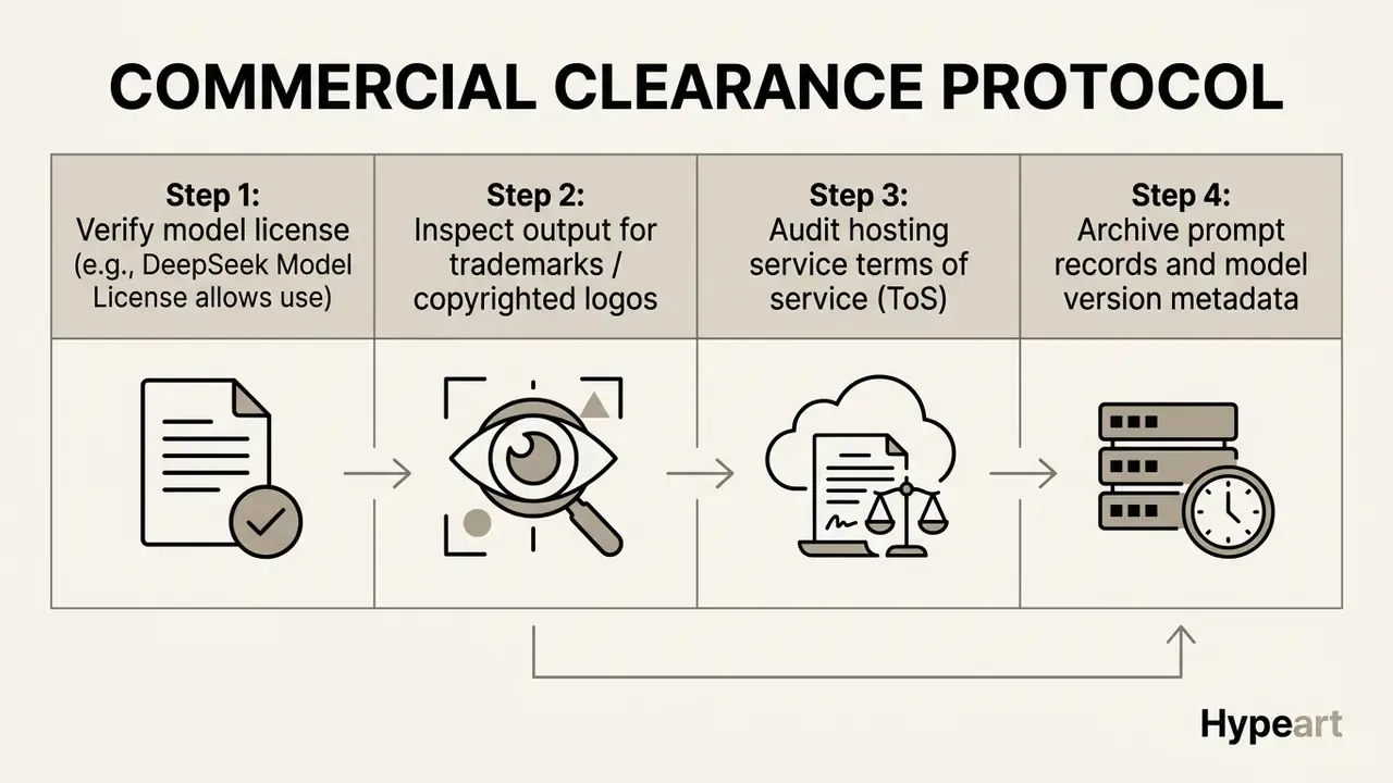 Four steps for verifying DeepSeek images including license checks, logo inspection, and metadata archiving