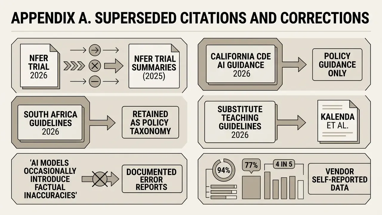 List of corrected educational citations and data points showing updates to policy guidance and research
