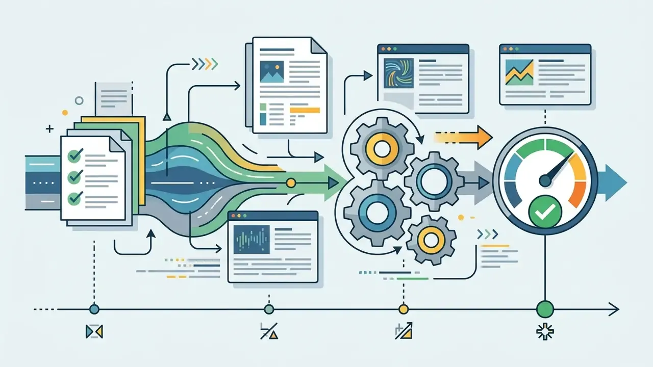 Documents flowing through a gear system toward a status gauge on a timeline