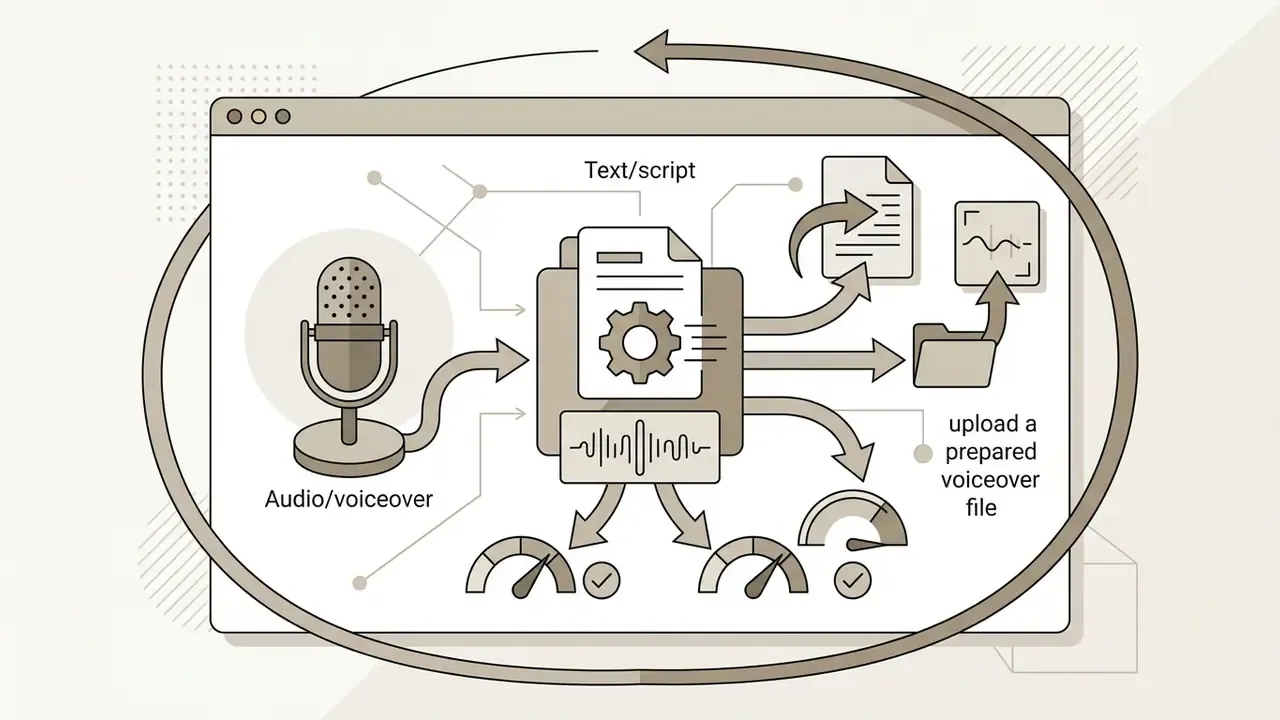 Microphone and document icons connected to processing gears and speedometers for audio file workflows