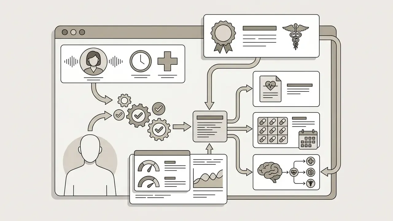 Digital interface showing AI avatar healthcare workflows with patient data, medical icons, and process gears