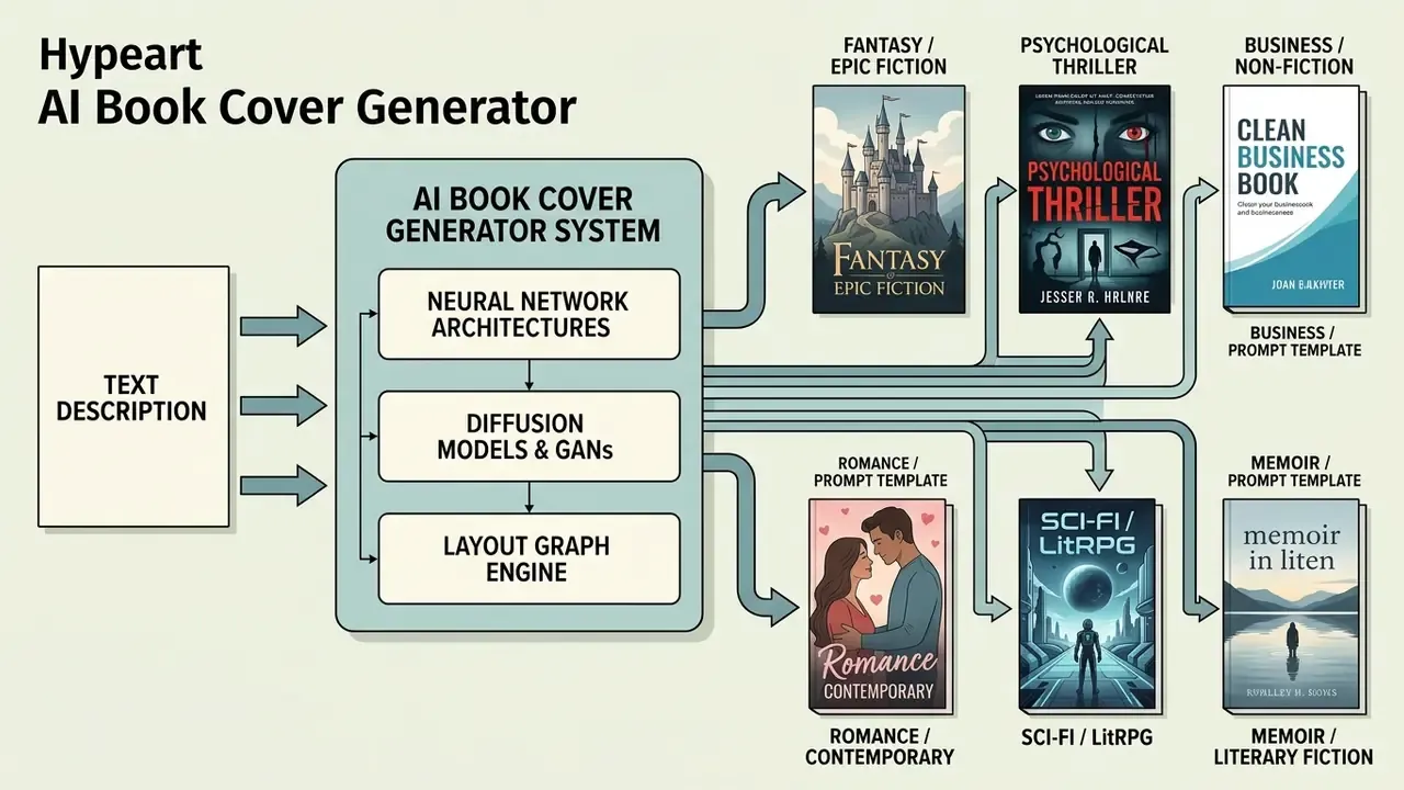 Diagram showing how an AI book cover generator processes text prompts into various genre-specific designs