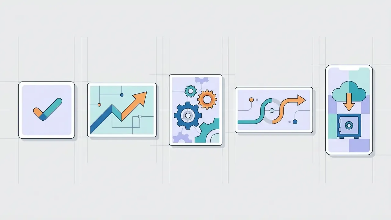 Series of icons showing a checkmark, rising trend, interlocking gears, path routing, and cloud data storage