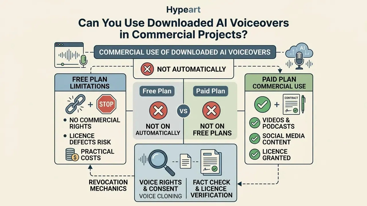 Flowchart comparing free and paid plan rules for commercial use of AI generated voiceovers