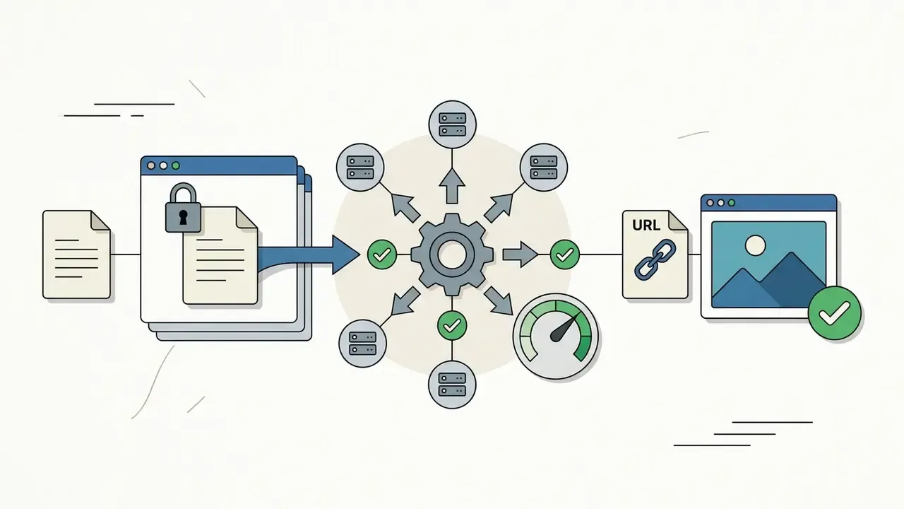 Secure file upload to a central gear mechanism that distributes content to global servers for fast delivery