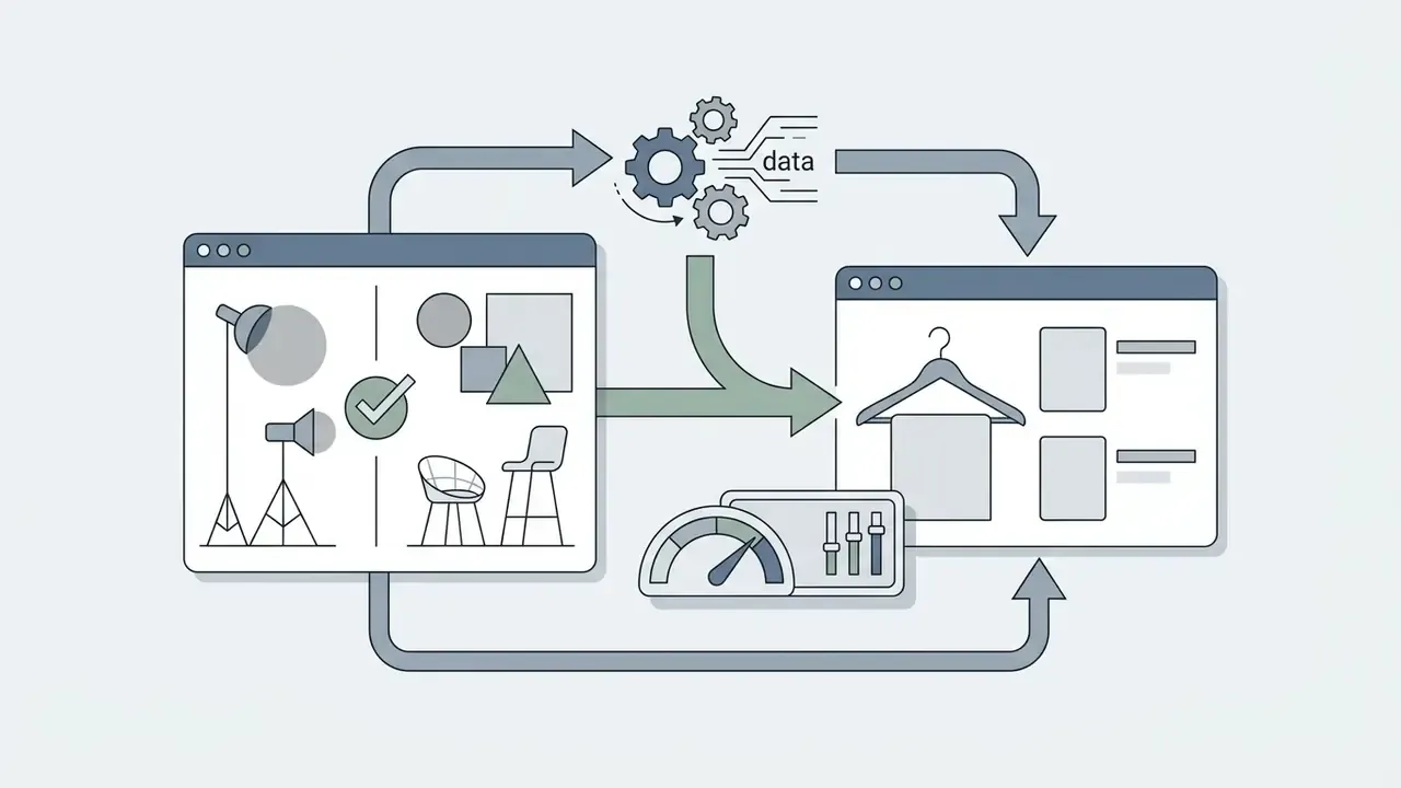 Studio lighting and furniture moodboard being processed by data gears into a digital product catalog