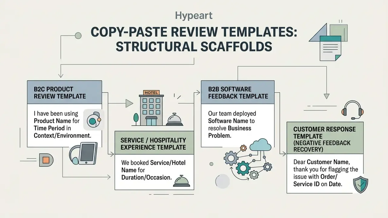 Flowchart displaying four distinct text templates for B2C, B2B, hospitality, and customer service feedback