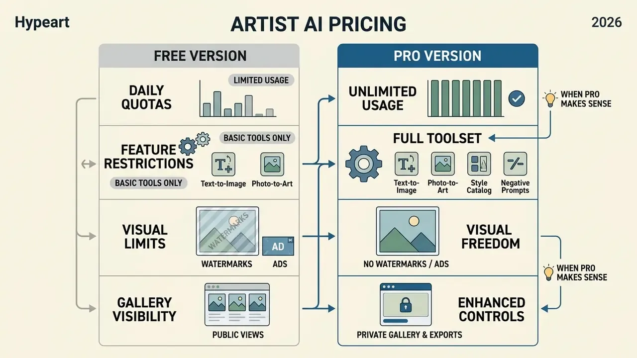 Comparison table contrasting free and paid subscription tiers by usage limits and feature availability