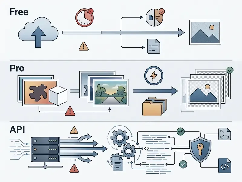 Diagram comparing workflow steps for free, Pro, and API background removal services