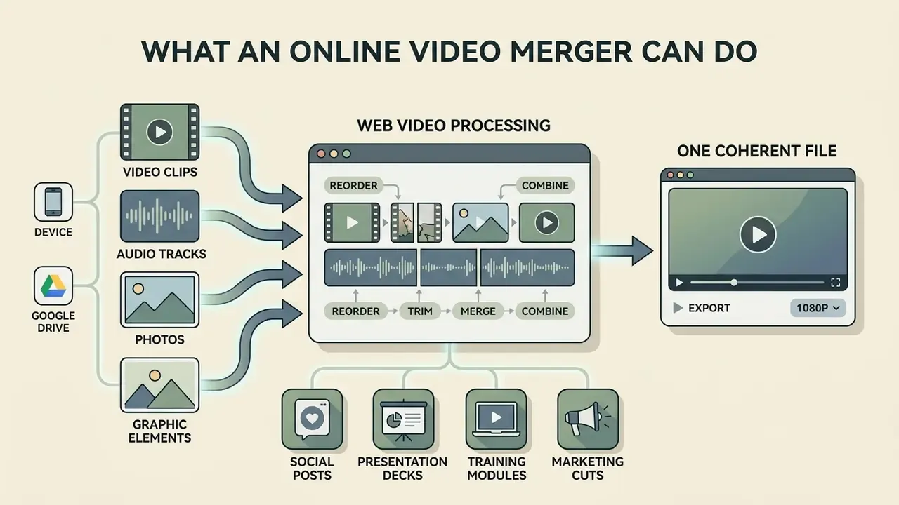 Diagram showing how to merge video online by combining media files into a single exported video project
