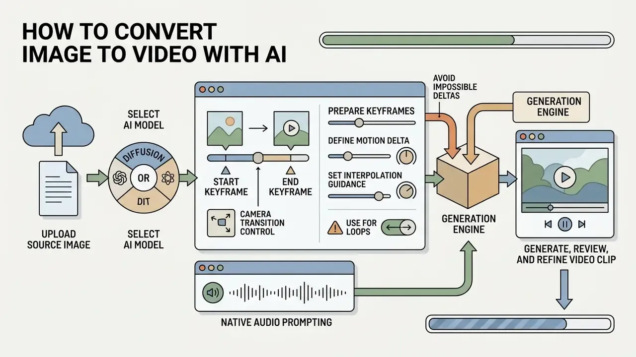 Workflow diagram showing how to turn a picture into AI video by configuring keyframes and motion parameters