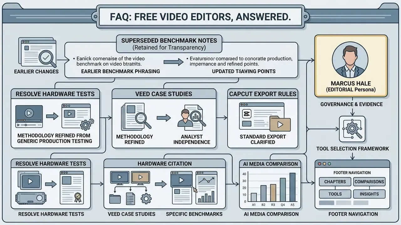 Diagram detailing superseded benchmark notes and methodology updates for free video editing software