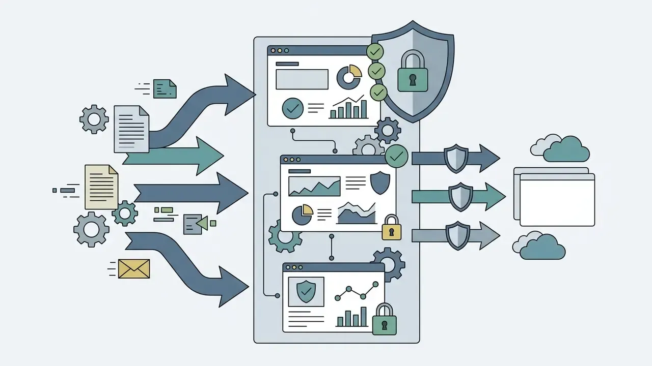 Data files and messages flowing into a processing unit that outputs to cloud storage with shield icons