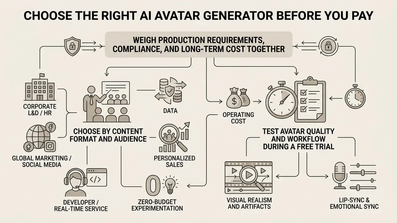 Decision map for selecting AI avatar software based on audience needs, operating costs, and trial testing