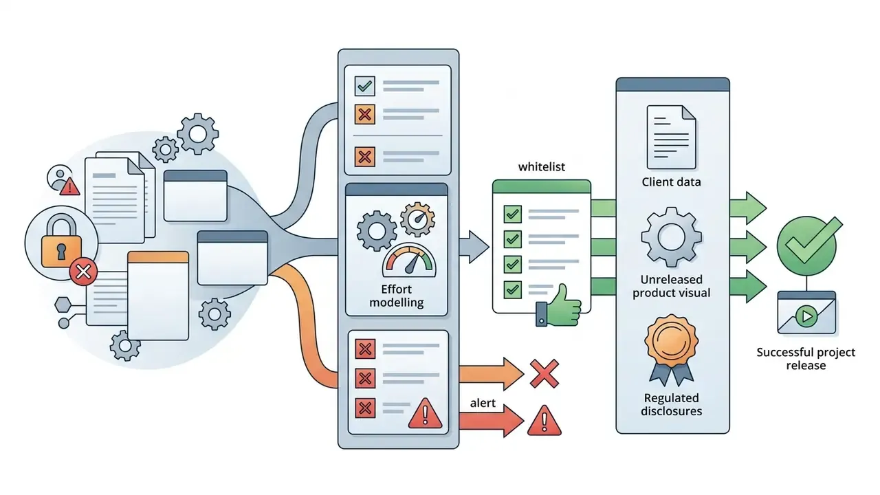 Documents and data flowing through effort modelling and whitelist checks toward a successful project release