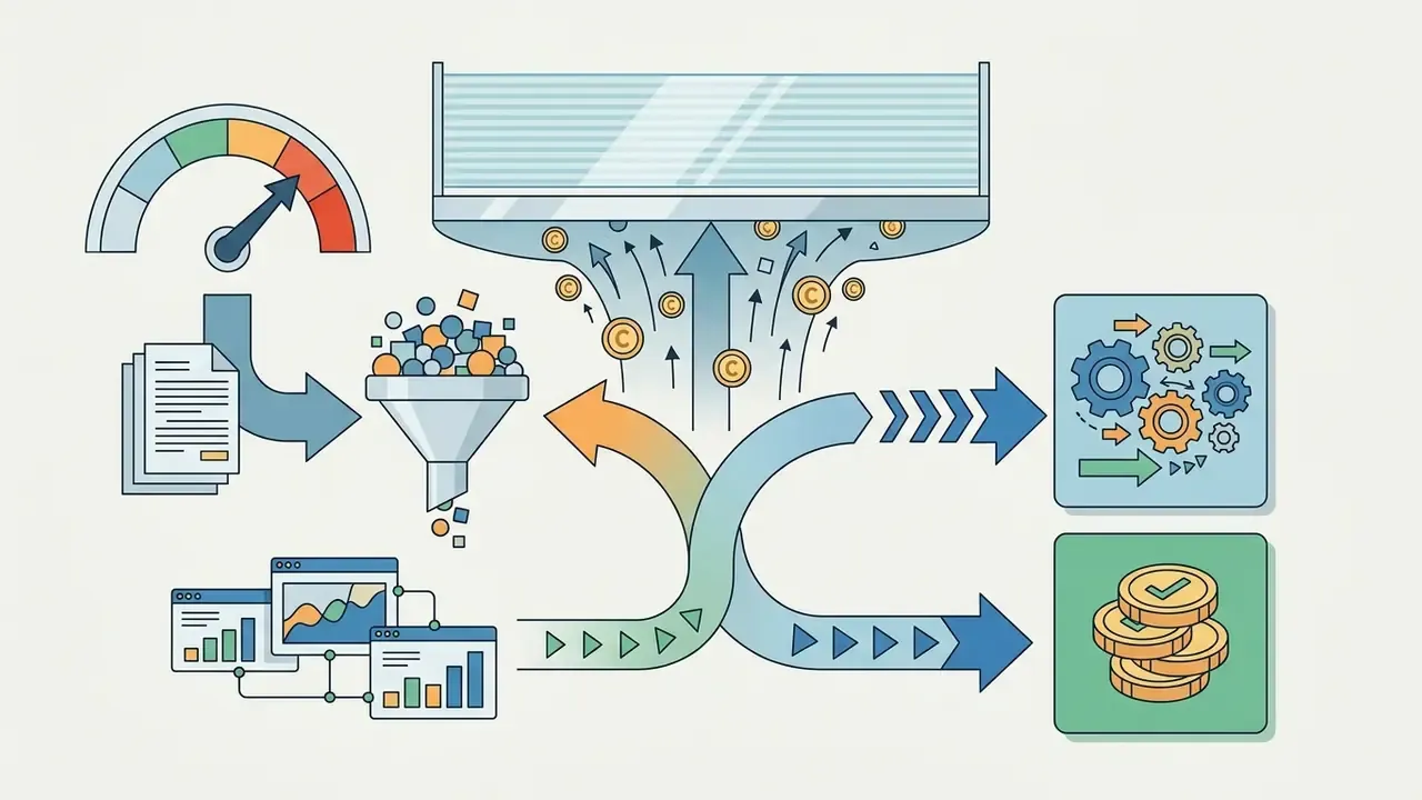Conceptual representation of budget management for AI video generation using filters and credit flows