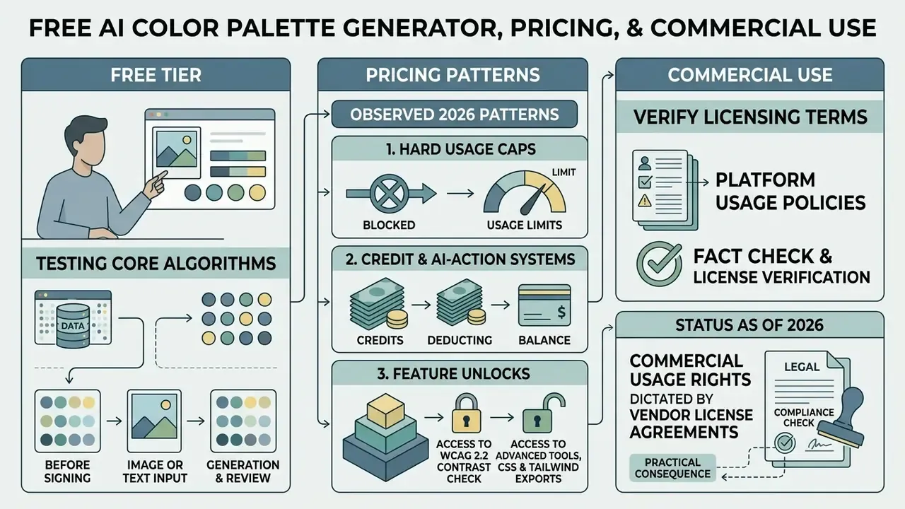 Infographic comparing free tier testing, 2026 pricing models, and commercial license requirements