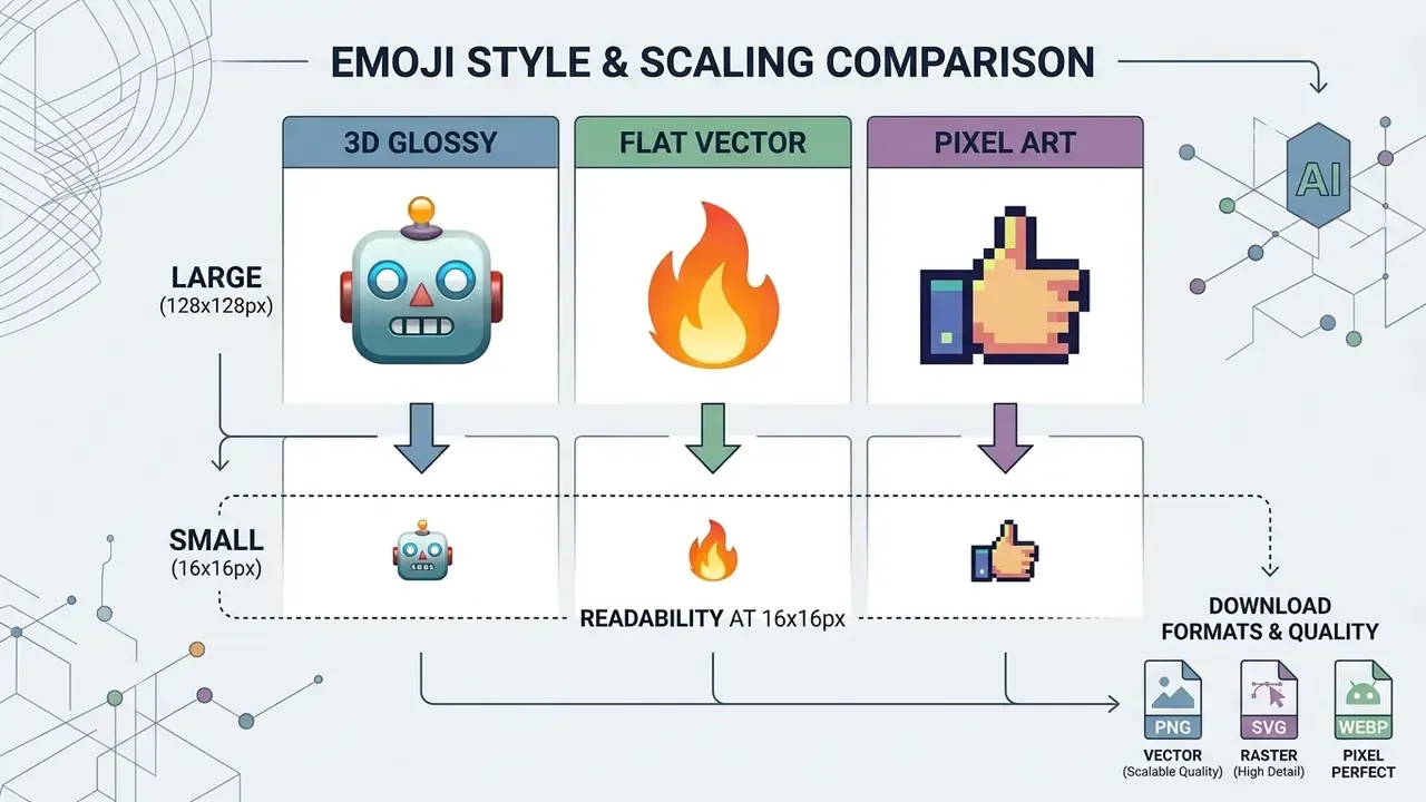 Comparison of 3D glossy, flat vector, and pixel art emoji styles scaled from large to 16x16 sizes