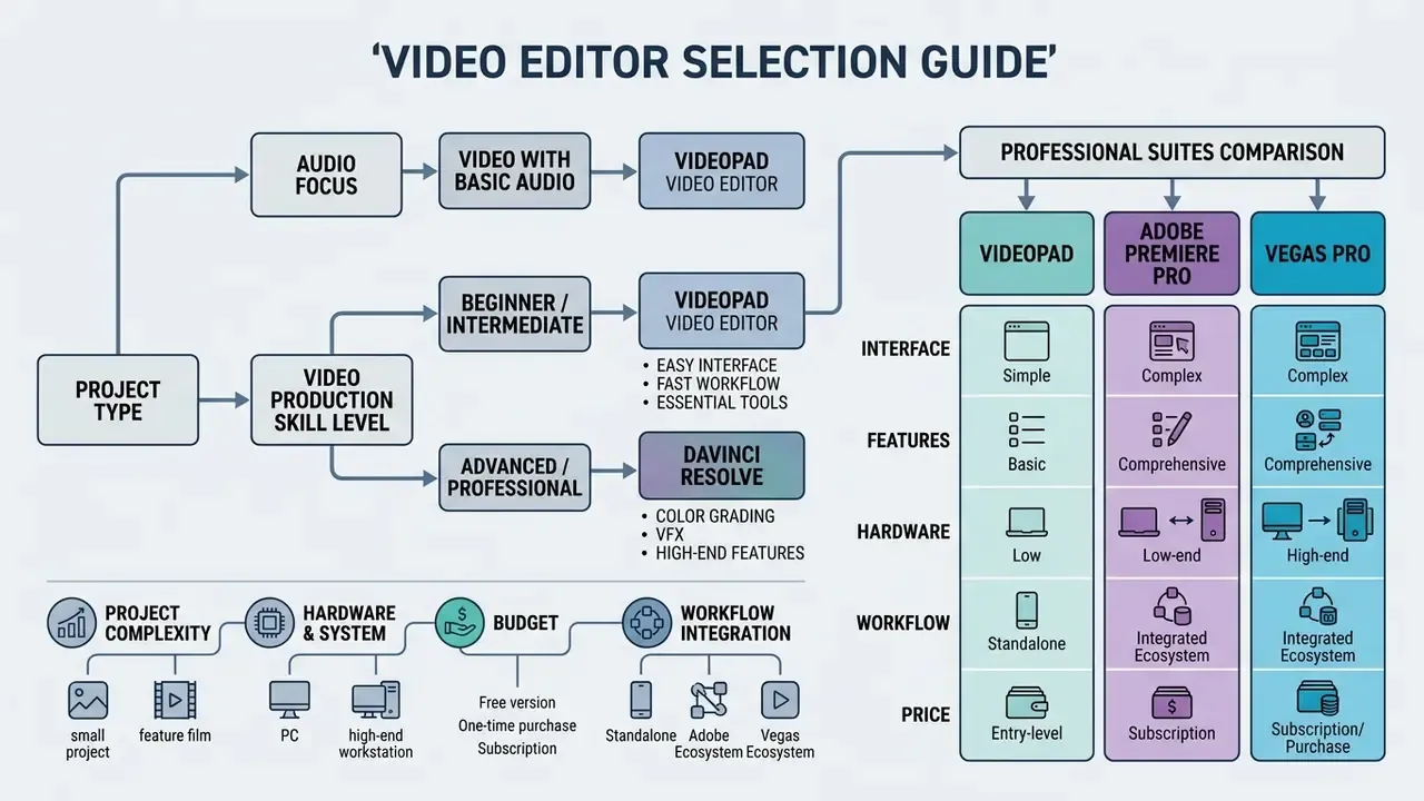 Decision flowchart comparing VideoPad, Adobe Premiere Pro, and Vegas Pro based on project and user needs