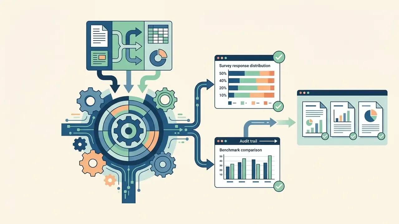 Data sources feeding into a central gear system that outputs survey distributions and benchmark charts