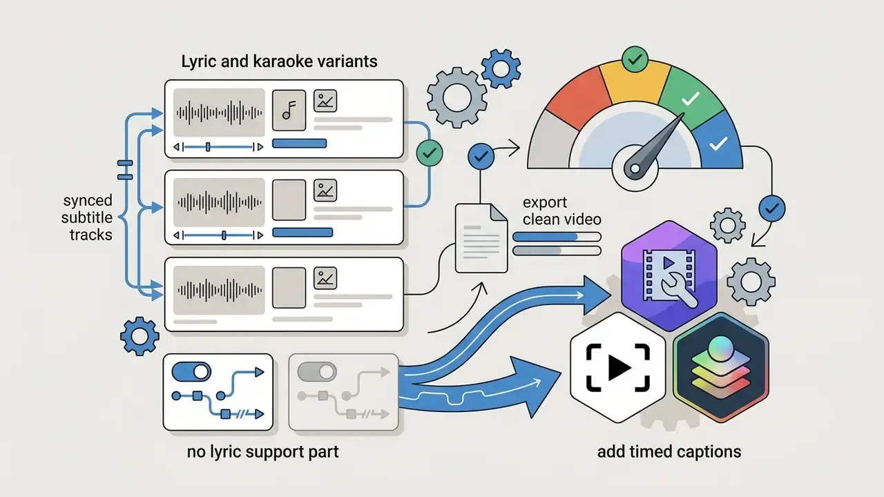 Audio tracks and subtitle settings flowing into a processor to generate video with timed captions