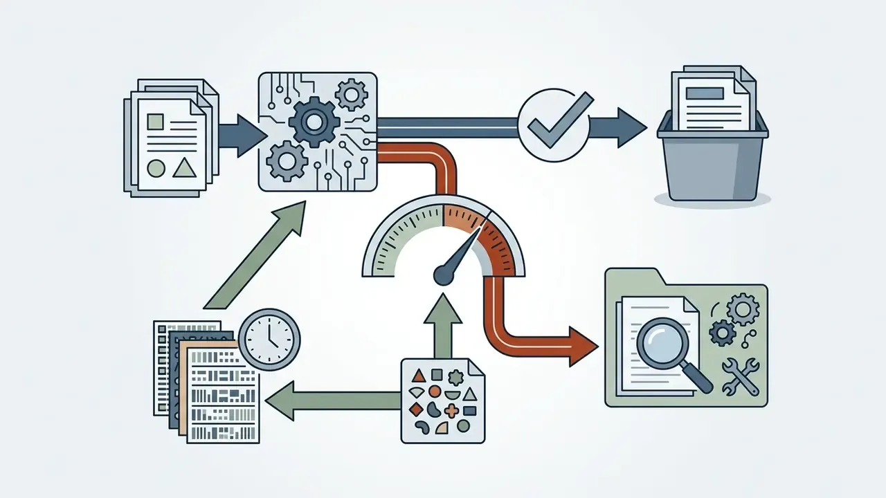 Documents routed through a processing hub based on confidence gauge readings for auto-accept or manual review