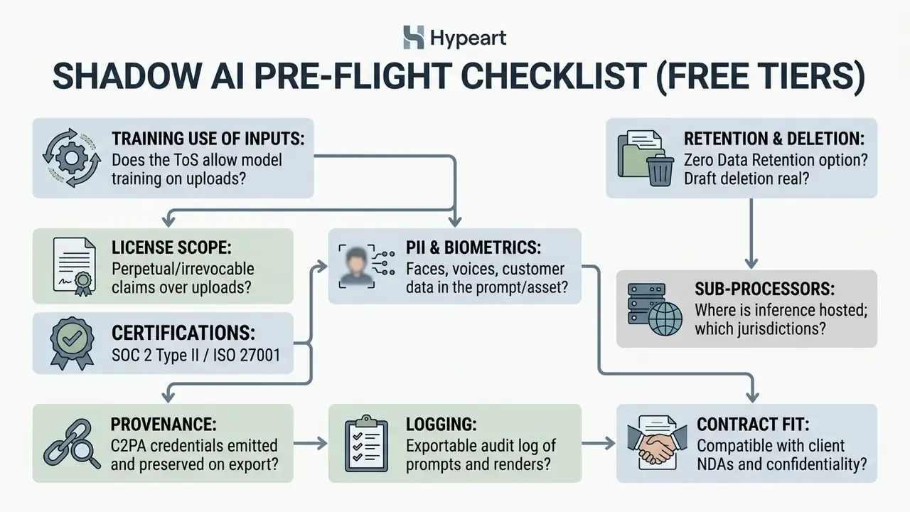 Flowchart outlining risk assessment criteria for free AI tools including data privacy and compliance