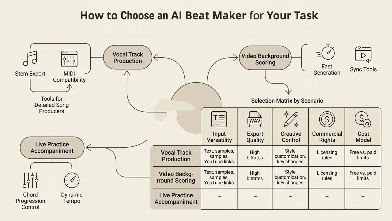 Matrix comparing music production scenarios against technical features like export quality and commercial rights
